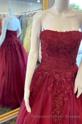 Wine Red Floral Lace Strapless A-Line Semi Formal Prom Dress